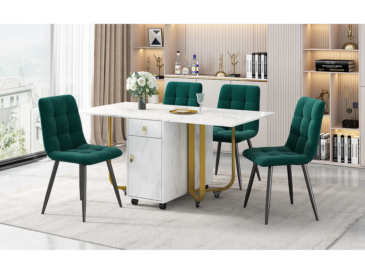 Conjunto de mesa extensível 150×80 cm MDF branco + 4 cadeiras de veludo cinza em metal preto