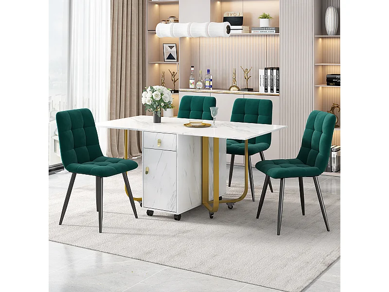 Conjunto mesa extensible 150×80 cm MDF blanco + 4 sillas de terciopelo gris en metal negro