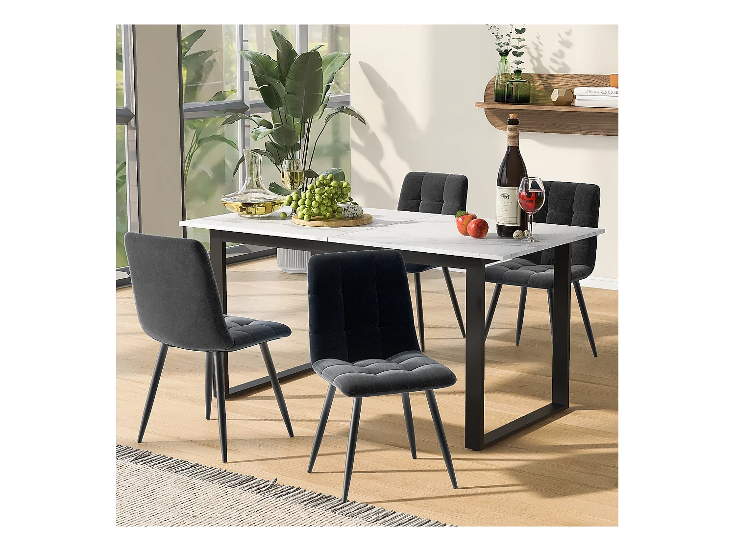 Conjunto mesa extensible 140/180×80 cm MDF blanco + 4 sillas de terciopelo gris en metal negro