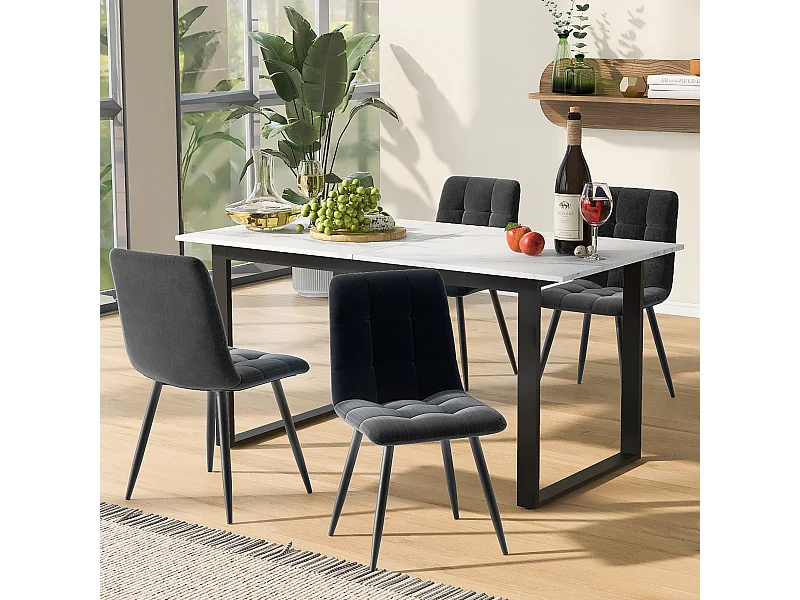 Tavolo Ensemble allungabile 140/180×80 cm MDF bianco + 4 chaise longue velours gris métal noir