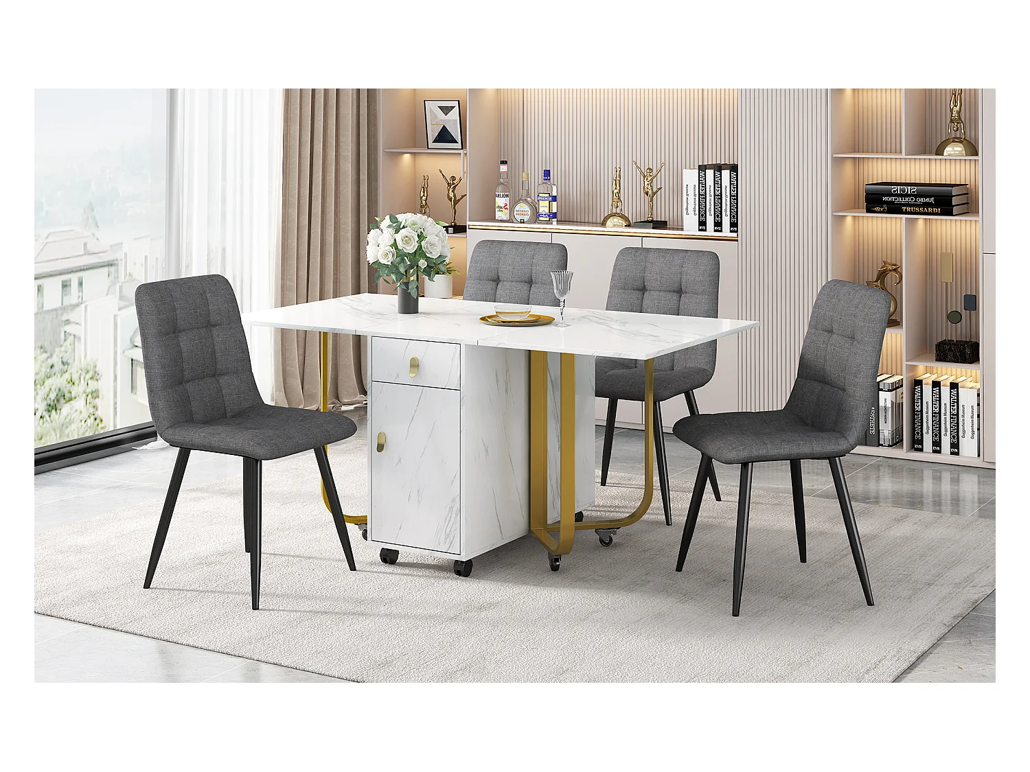 Tavolo Ensemble allungabile 150×80 cm MDF bianco + 4 chaise longue lin gris métal noir