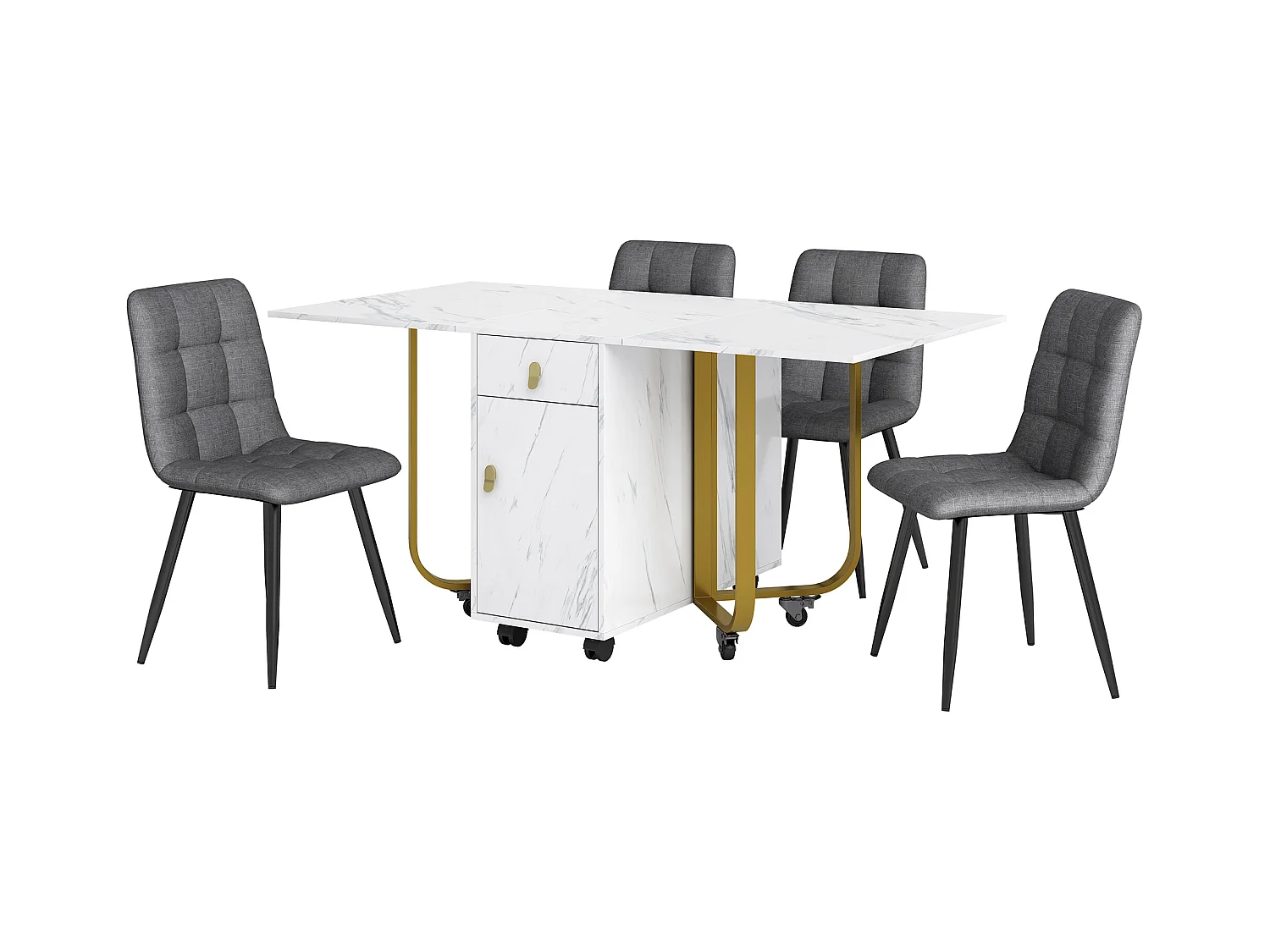 Tavolo Ensemble allungabile 150×80 cm MDF bianco + 4 chaise longue lin gris métal noir