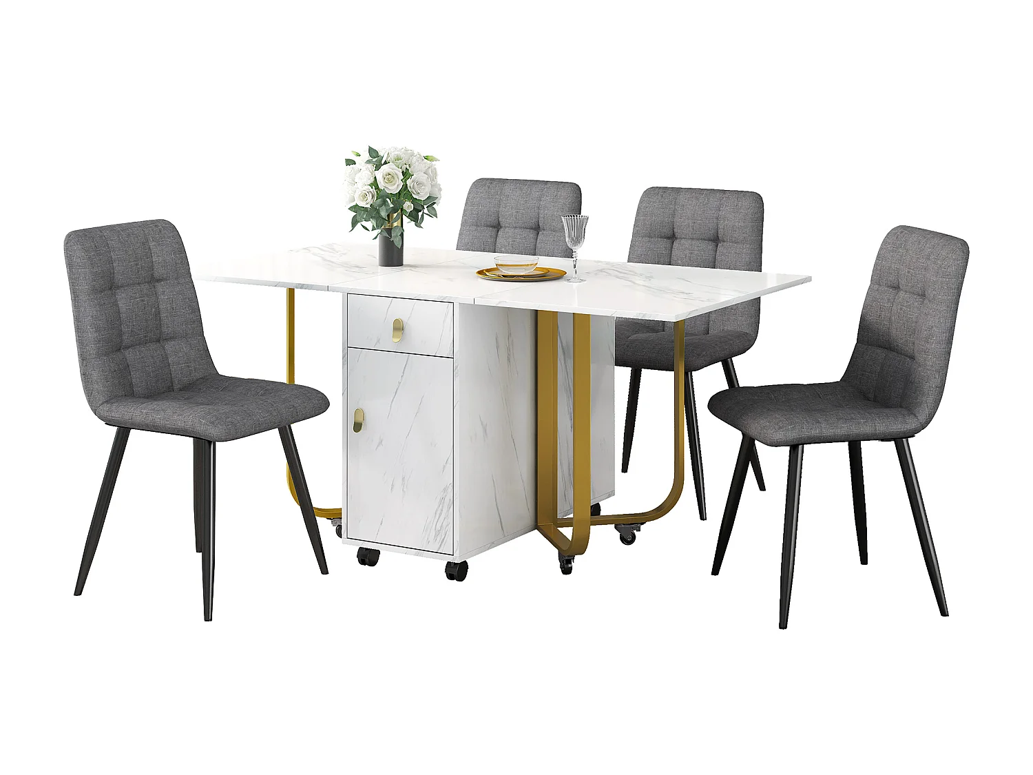 Conjunto de mesa extensível 150×80 cm MDF branco + 4 cadeiras de linho cinza em metal preto