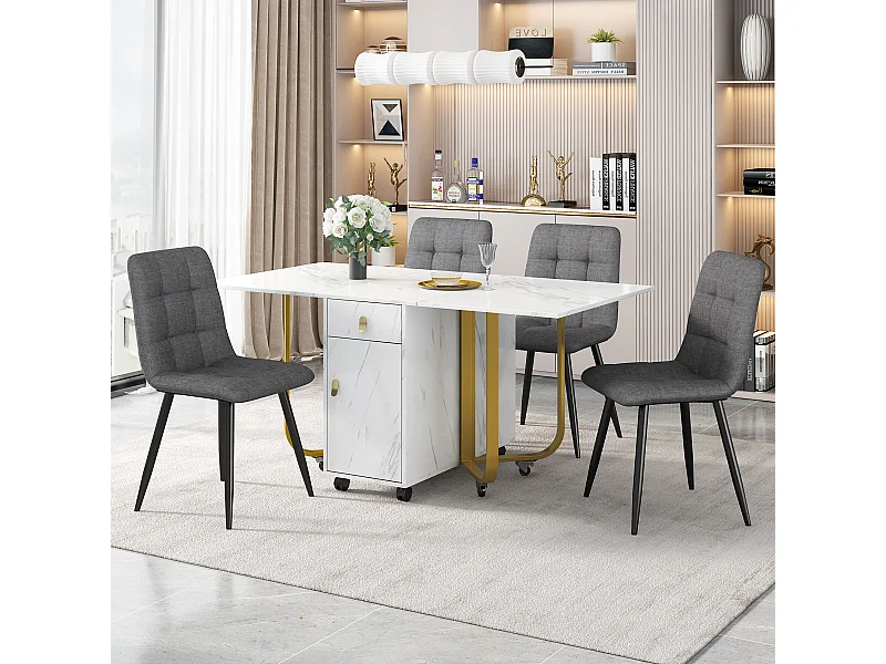 Conjunto de mesa extensível 150×80 cm MDF branco + 4 cadeiras de linho cinza em metal preto