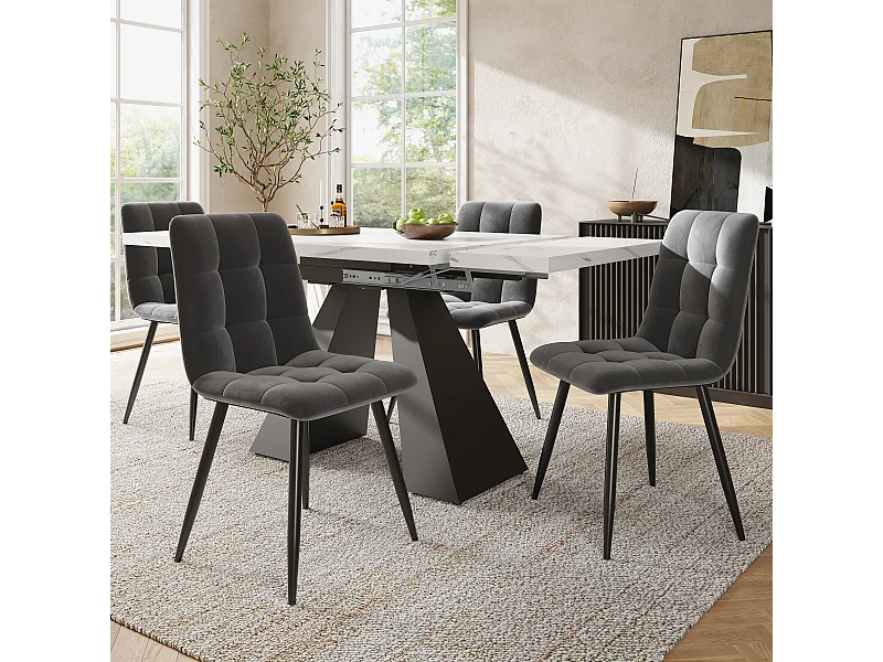 Conjunto de jantar de 5 peças com mesa extensível de MDF e pernas de coluna + 4 cadeiras de veludo cinza