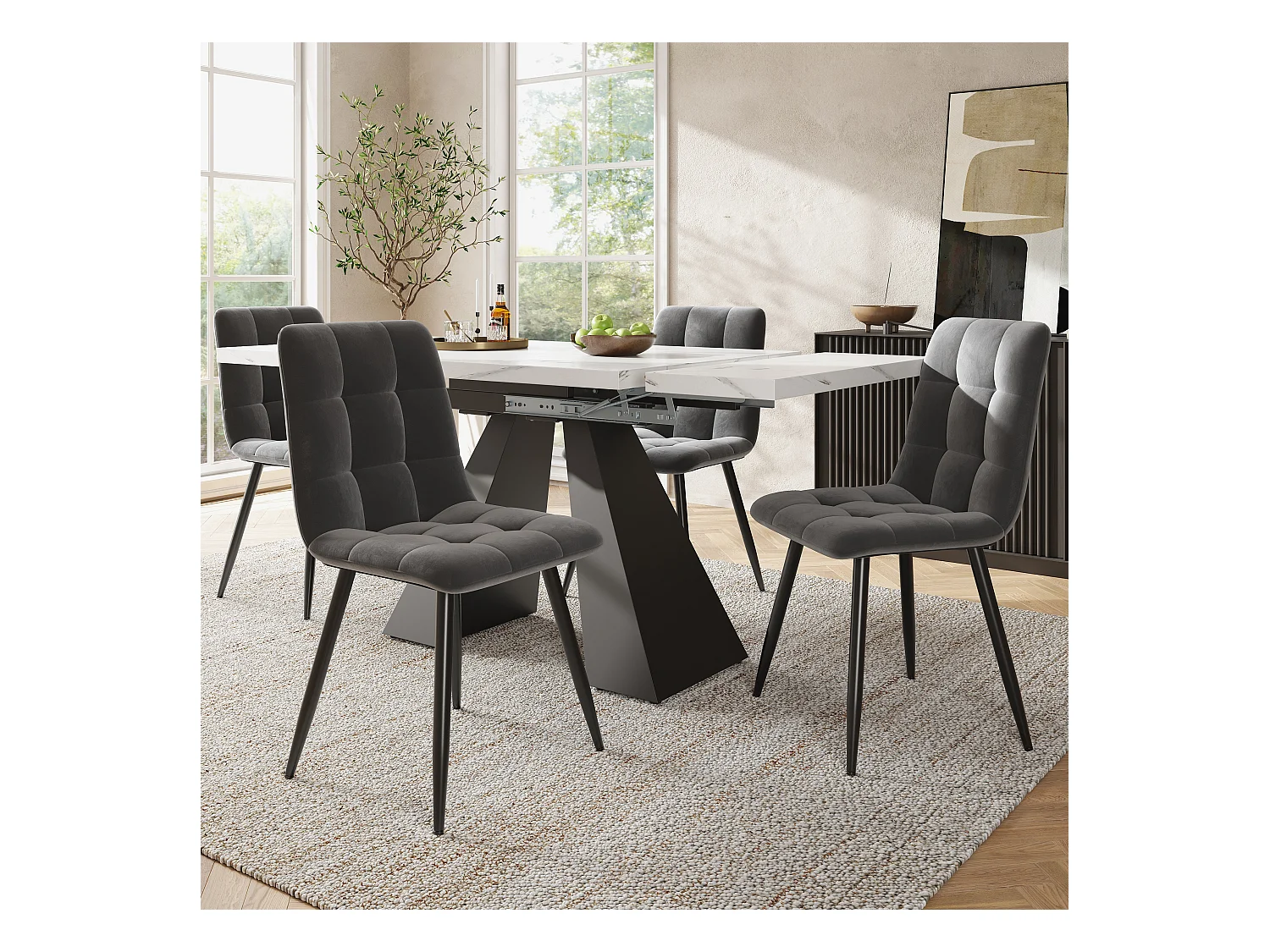Conjunto de jantar de 5 peças com mesa extensível de MDF e pernas de coluna + 4 cadeiras de veludo cinza