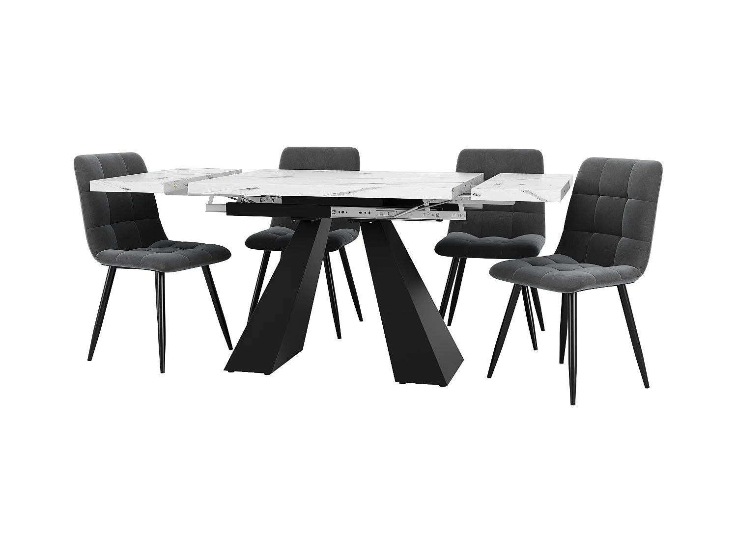 Conjunto de jantar de 5 peças com mesa extensível de MDF e pernas de coluna + 4 cadeiras de veludo cinza
