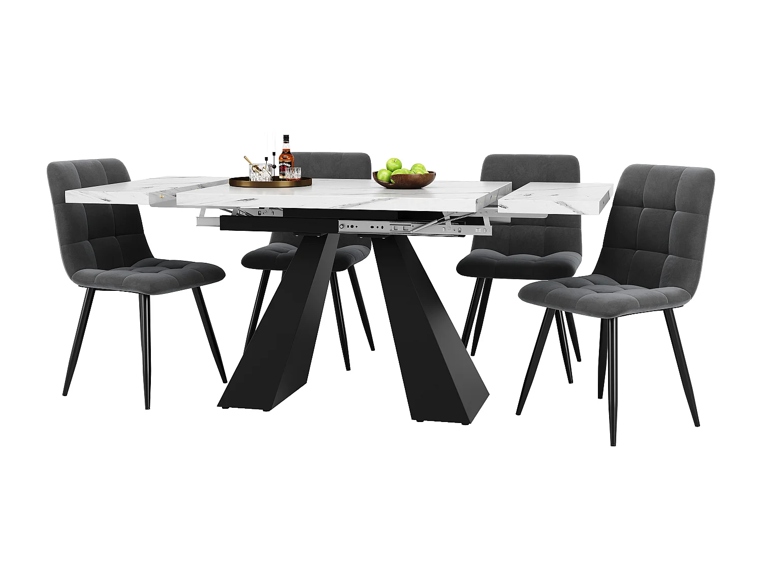 Conjunto de jantar de 5 peças com mesa extensível de MDF e pernas de coluna + 4 cadeiras de veludo cinza