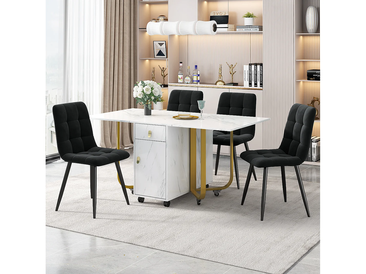 Conjunto de mesa extensível 150×80 cm MDF branco + 4 cadeiras de veludo cinza em metal preto