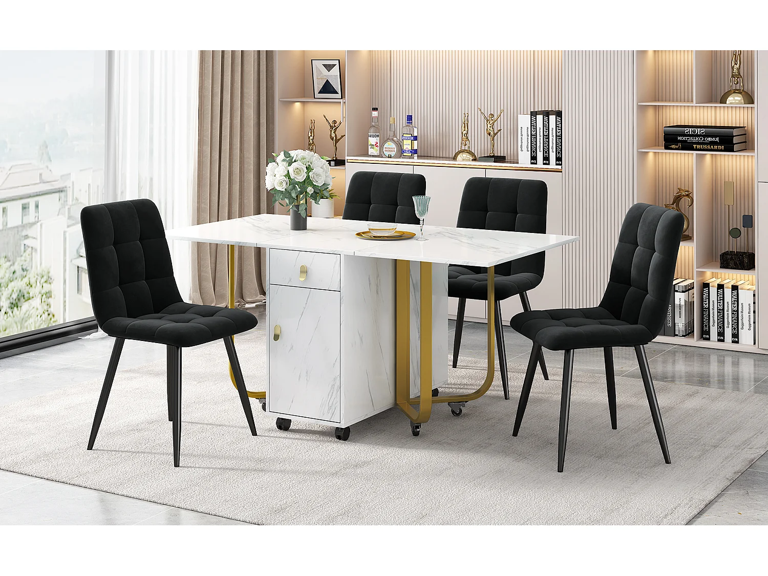 Conjunto de mesa extensível 150×80 cm MDF branco + 4 cadeiras de veludo cinza em metal preto