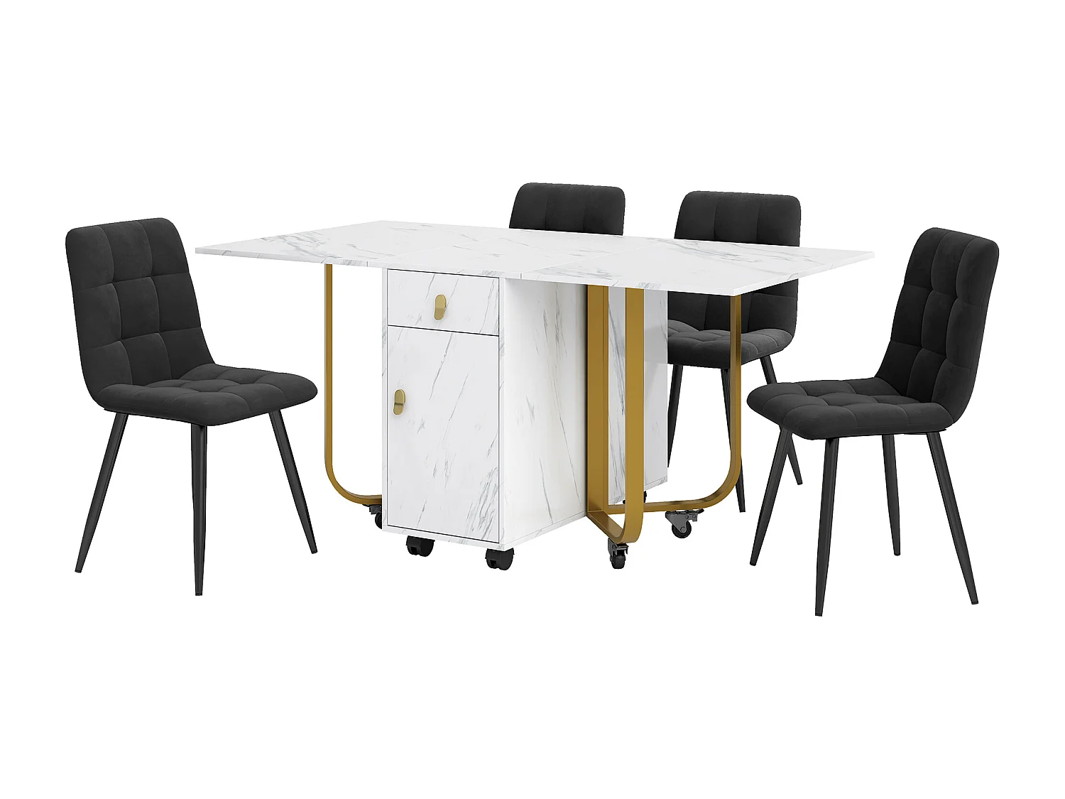 Conjunto de mesa extensível 150×80 cm MDF branco + 4 cadeiras de veludo cinza em metal preto