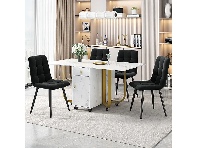 Conjunto de mesa extensível 150×80 cm MDF branco + 4 cadeiras de veludo cinza em metal preto