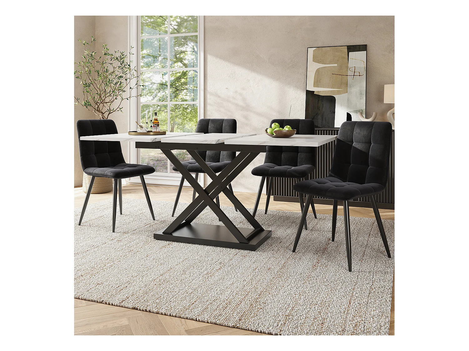 Conjunto de mesa extensível 120-160x80 cm MDF metal 4 cadeiras de veludo preto sala de jantar