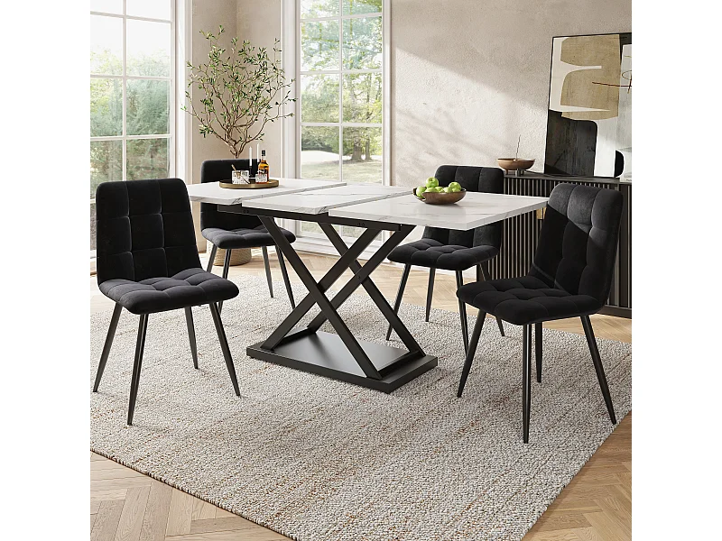 Conjunto de mesa extensível 120-160x80 cm MDF metal 4 cadeiras de veludo preto sala de jantar