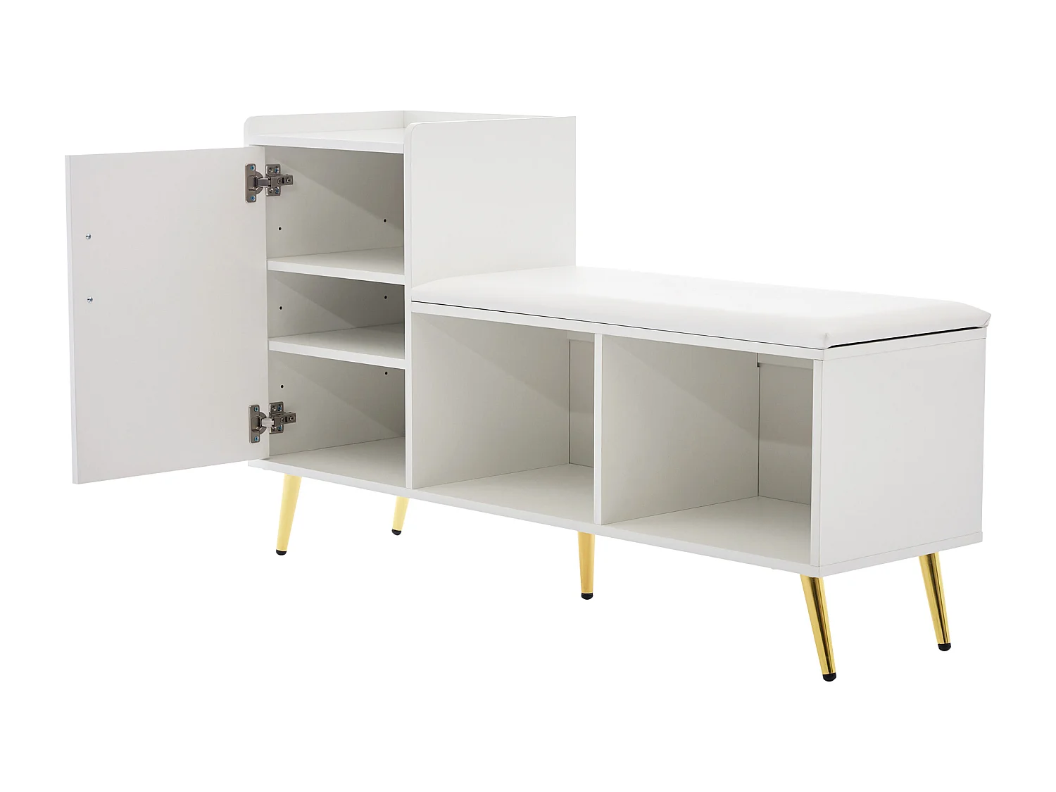 Sapateira de madeira estofada branca brilhante, entrada, banco de 120 cm com armazenamento e prateleiras