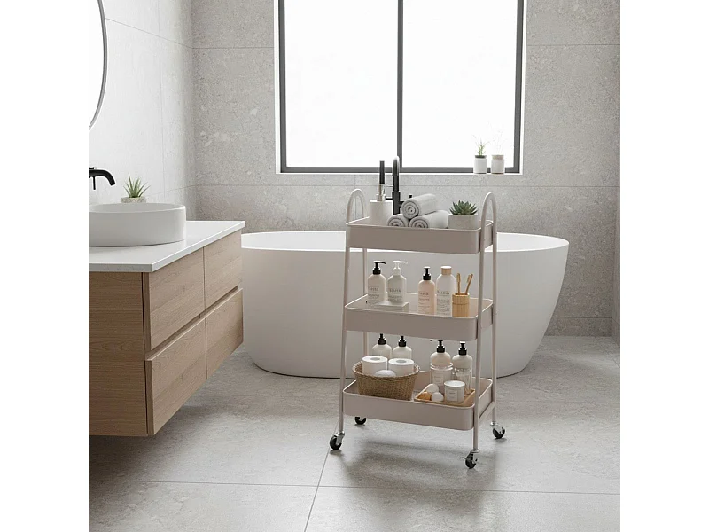 Carrito auxiliar 3 niveles con ruedas + asas beige 79,5x31,5x44 cm