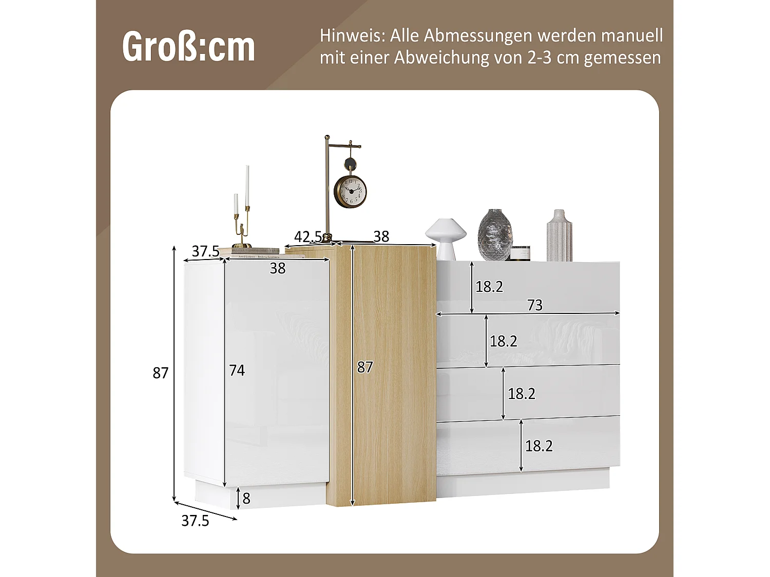 Aparador em MDF lacado branco, arrumação sem puxadores, 160 cm, sala de estar, entrada, quarto