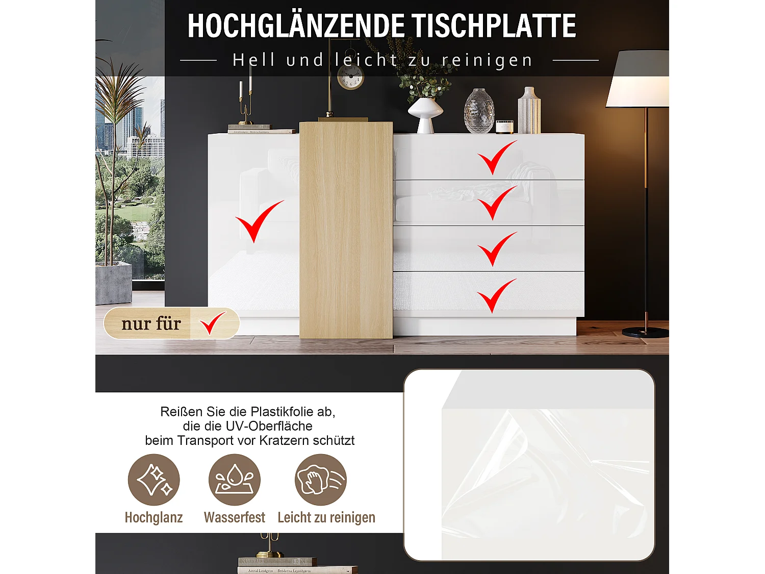 Aparador em MDF lacado branco, arrumação sem puxadores, 160 cm, sala de estar, entrada, quarto