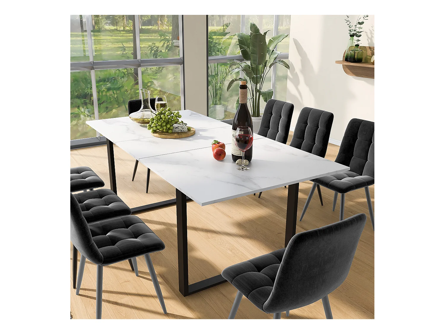 Conjunto mesa extensible 140/180×80 cm MDF blanco + 8 sillas de terciopelo gris en metal negro