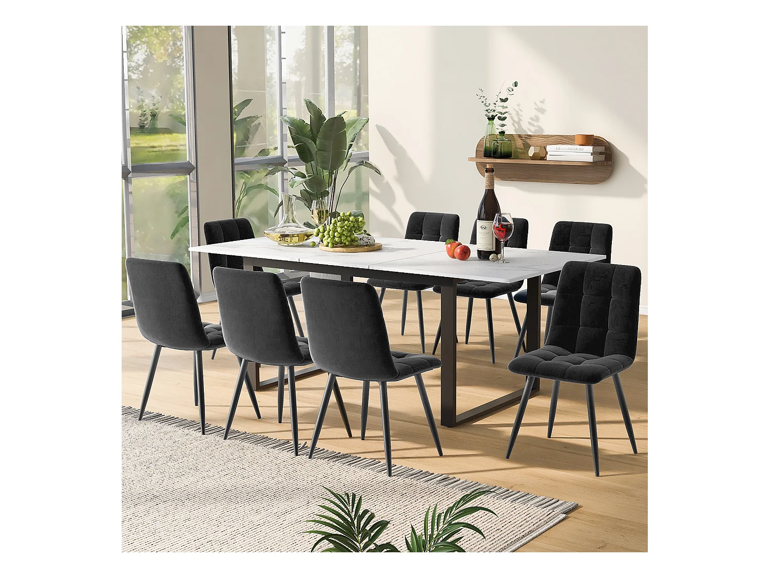 Conjunto mesa extensible 140/180×80 cm MDF blanco + 8 sillas de terciopelo gris en metal negro