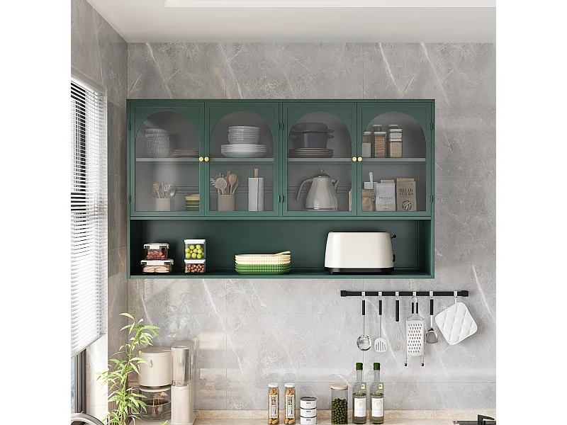 Meuble murale 4 porte verre trempé métal rangement kitchen salon salle de bain vert foncé 120x23x70 cm
