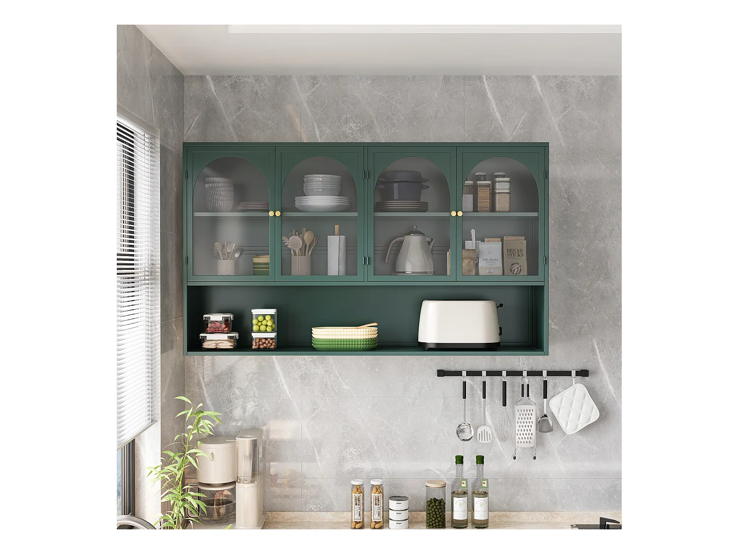 Meuble murale 4 porte verre trempé métal rangement kitchen salon salle de bain vert foncé 120x23x70 cm