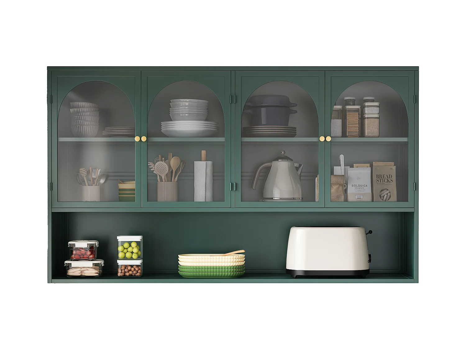 Meuble murale 4 porte verre trempé métal rangement kitchen salon salle de bain vert foncé 120x23x70 cm