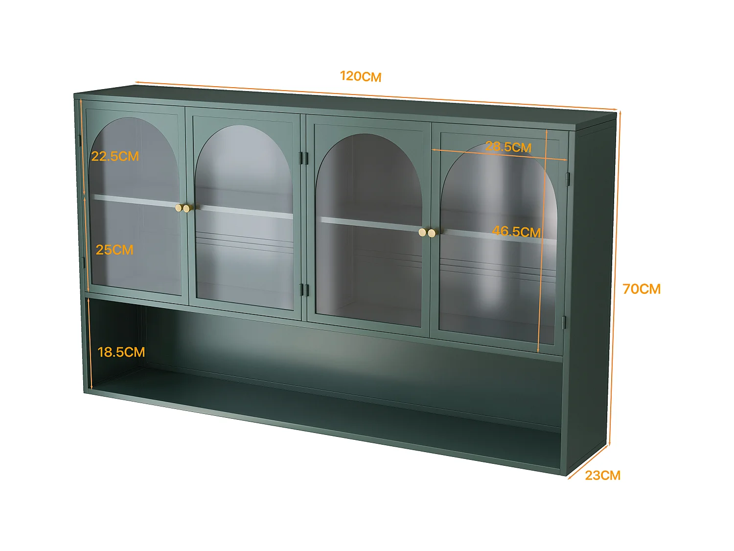 Meuble murale 4 porte verre trempé métal rangement kitchen salon salle de bain vert foncé 120x23x70 cm