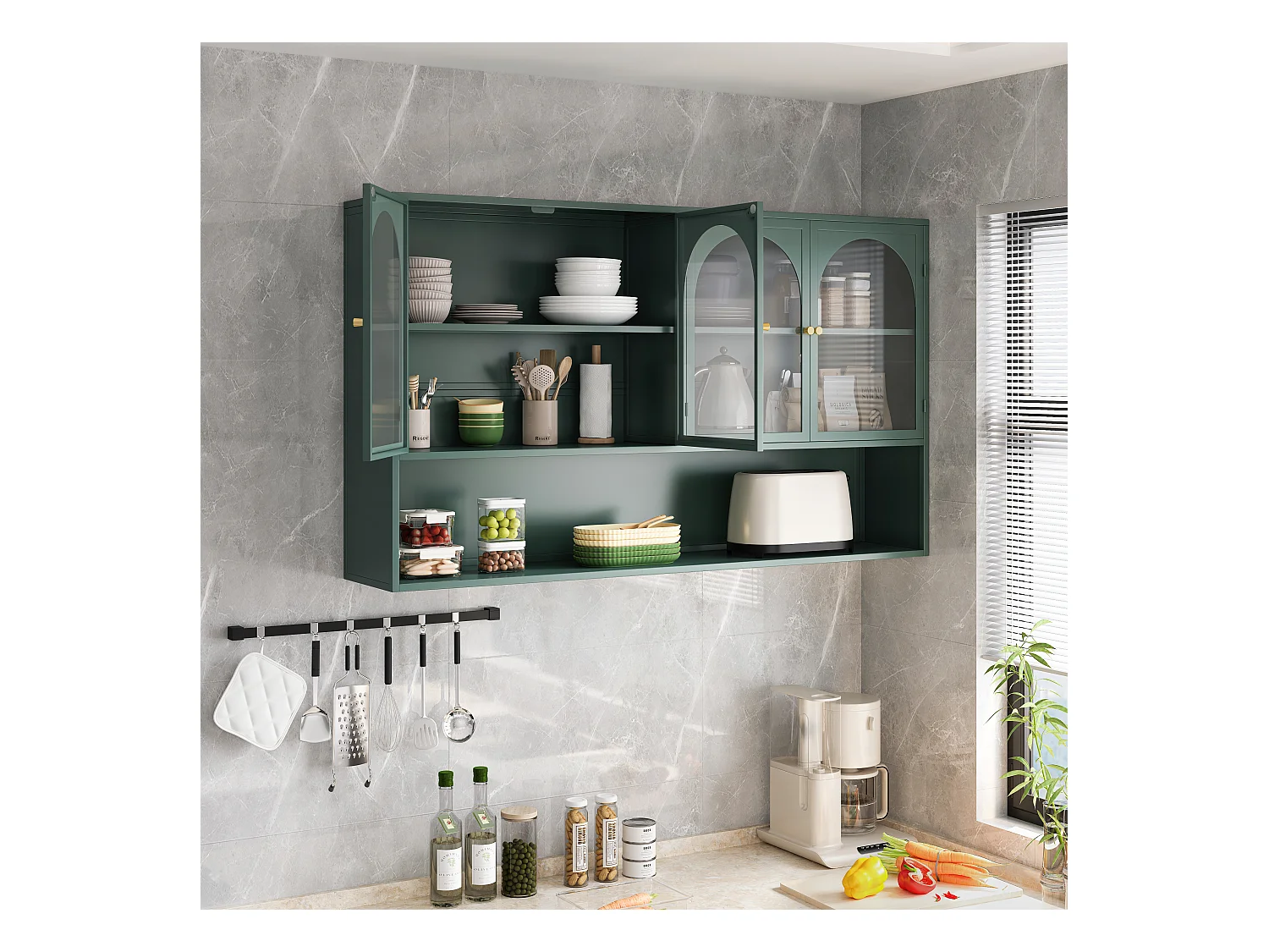 Meuble murale 4 porte verre trempé métal rangement kitchen salon salle de bain vert foncé 120x23x70 cm