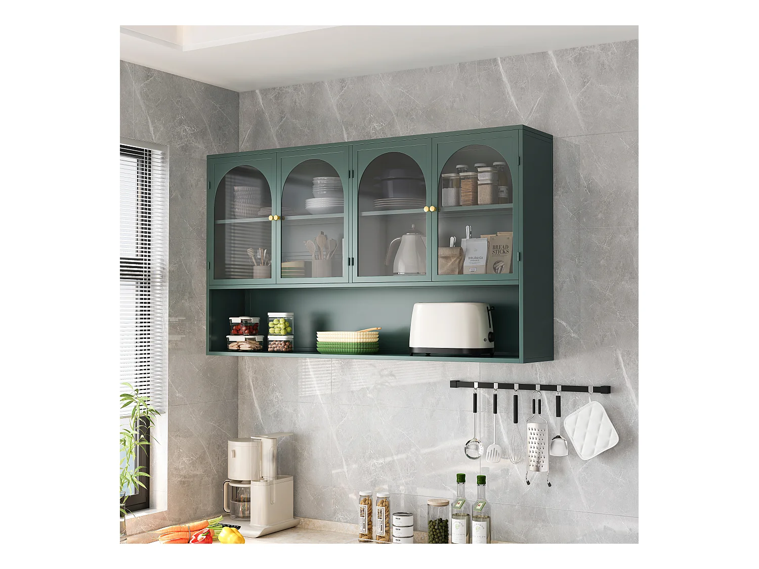 Meuble murale 4 porte verre trempé métal rangement kitchen salon salle de bain vert foncé 120x23x70 cm