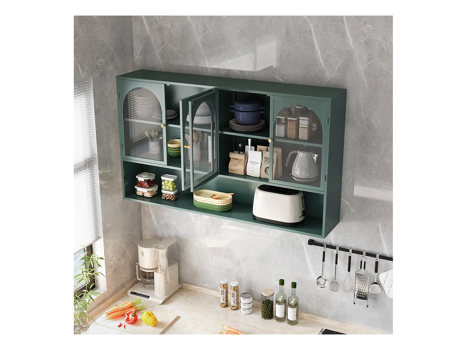 Meuble murale 4 porte verre trempé métal rangement kitchen salon salle de bain vert foncé 120x23x70 cm