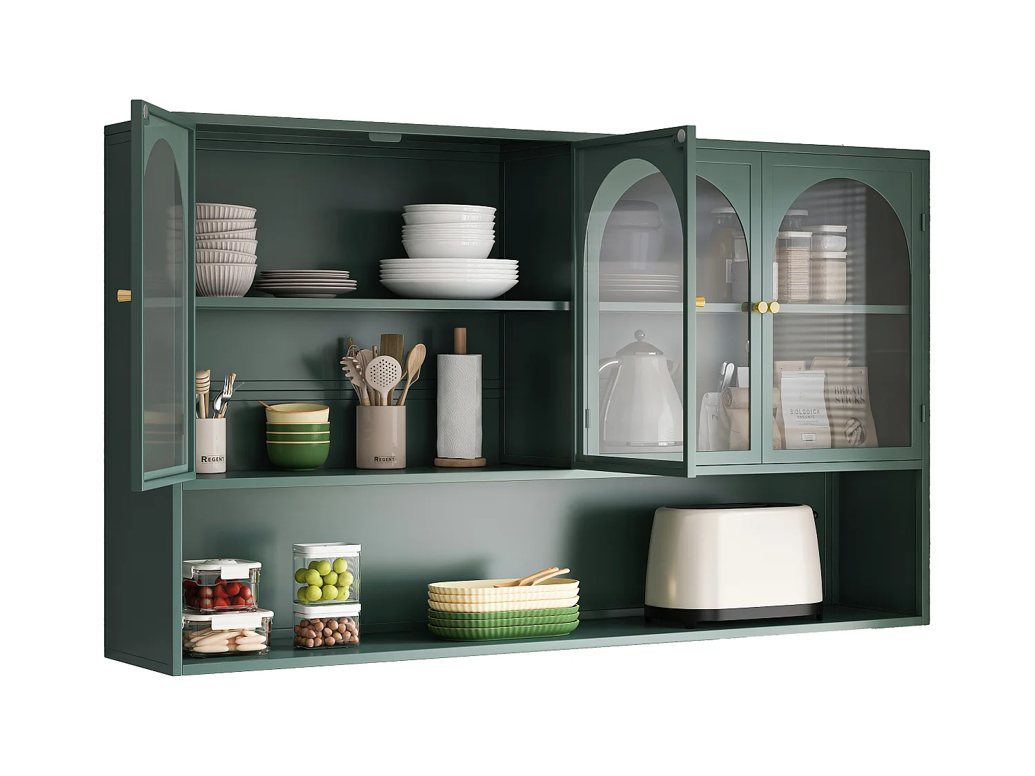 Meuble murale 4 porte verre trempé métal rangement kitchen salon salle de bain vert foncé 120x23x70 cm