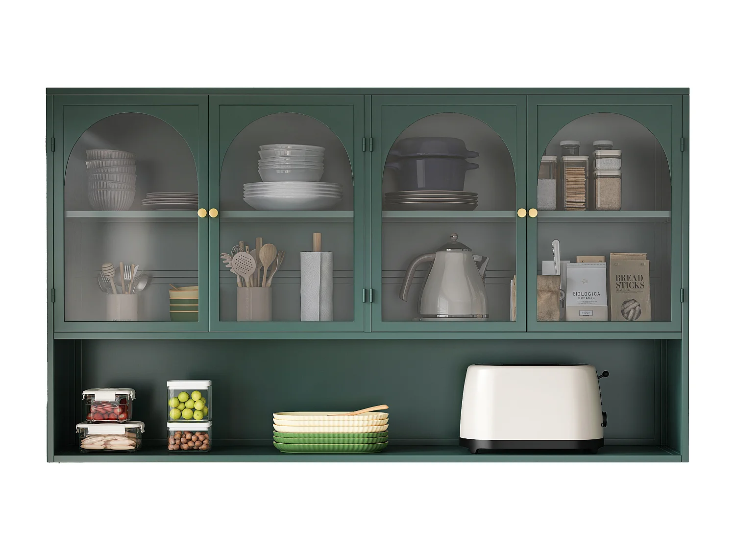 Mueble alto 4 puertas, cristal templado, metal, almacenaje, cocina, salón, baño, verde oscuro, 120x23x70 cm