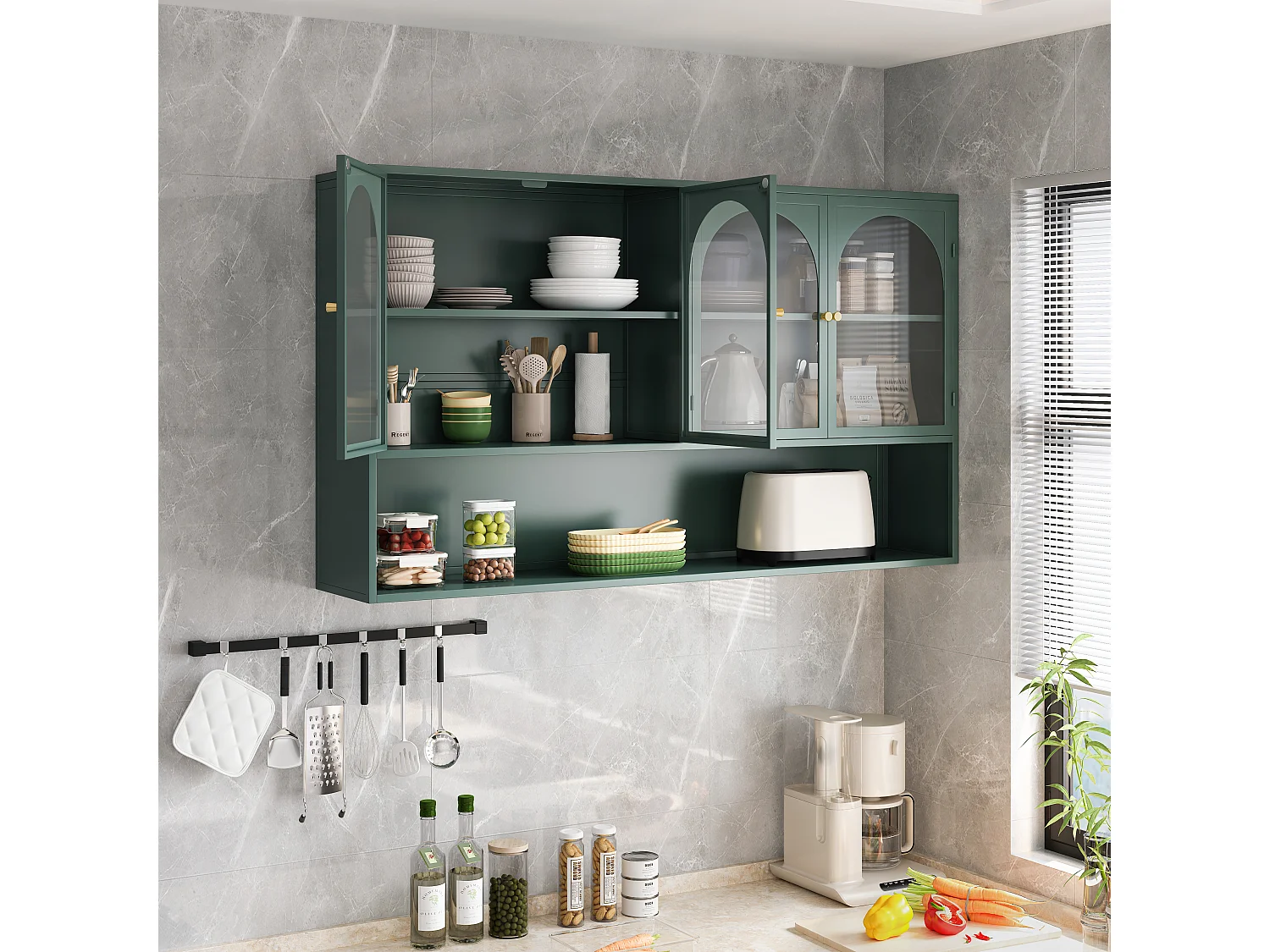 Mueble alto 4 puertas, cristal templado, metal, almacenaje, cocina, salón, baño, verde oscuro, 120x23x70 cm