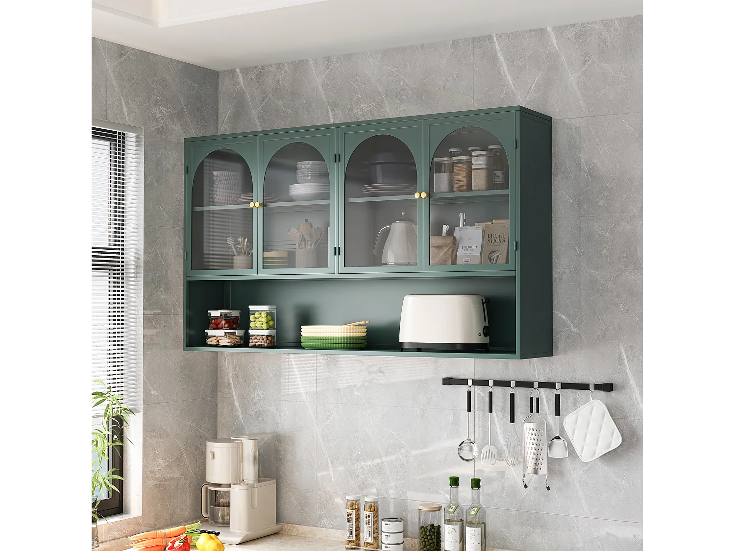 Mueble alto 4 puertas, cristal templado, metal, almacenaje, cocina, salón, baño, verde oscuro, 120x23x70 cm