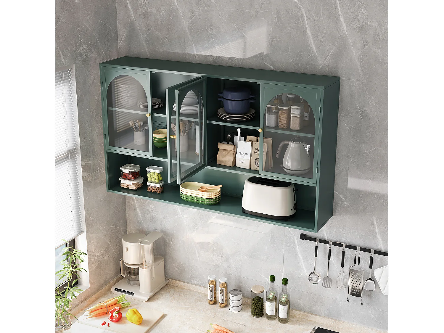 Mueble alto 4 puertas, cristal templado, metal, almacenaje, cocina, salón, baño, verde oscuro, 120x23x70 cm