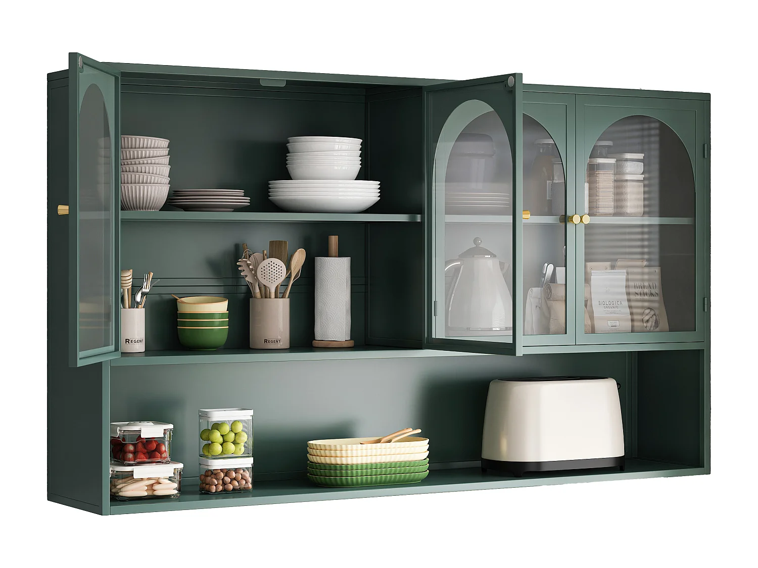 Mueble alto 4 puertas, cristal templado, metal, almacenaje, cocina, salón, baño, verde oscuro, 120x23x70 cm