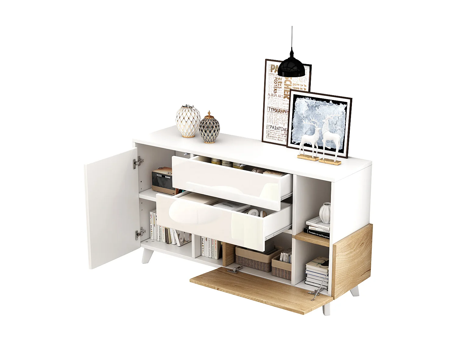 Aparador moderno madera MDF blanco brillo almacenaje salón comedor 130cm