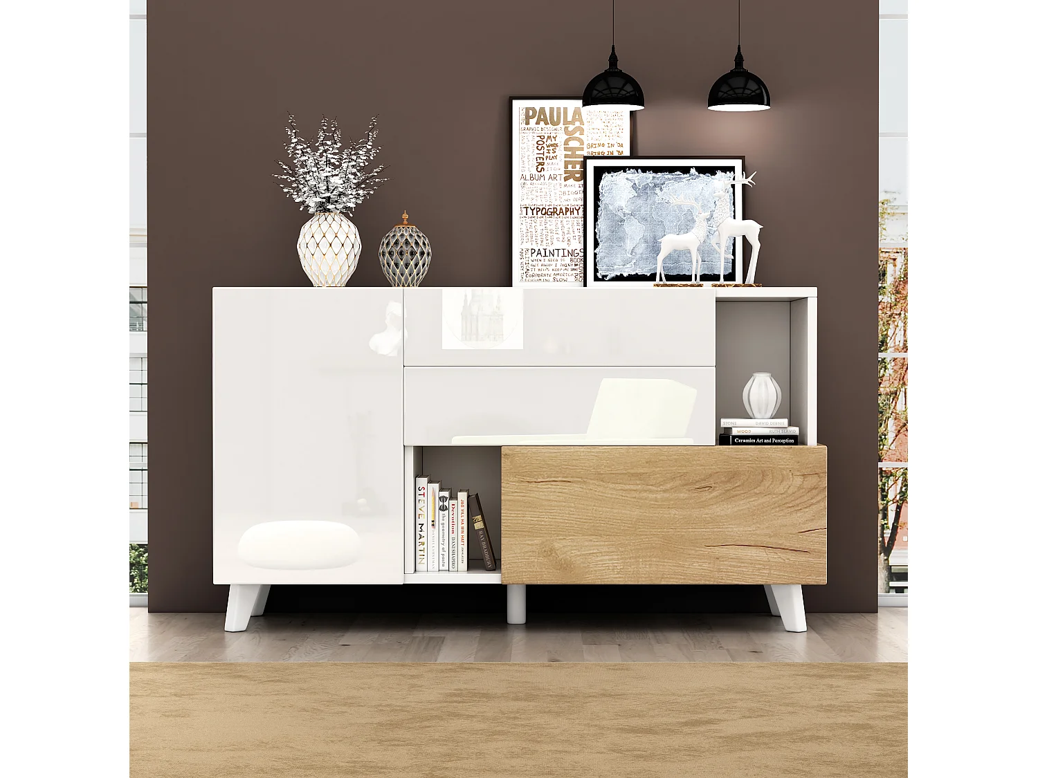 Aparador moderno madera MDF blanco brillo almacenaje salón comedor 130cm