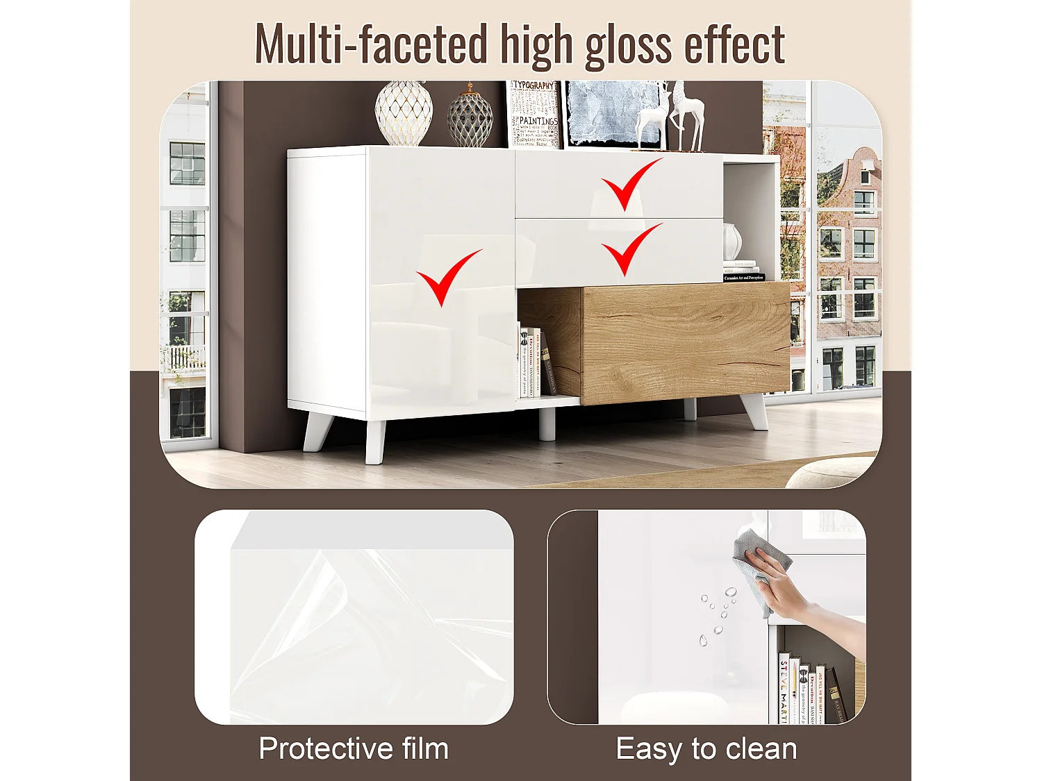 Aparador moderno madera MDF blanco brillo almacenaje salón comedor 130cm