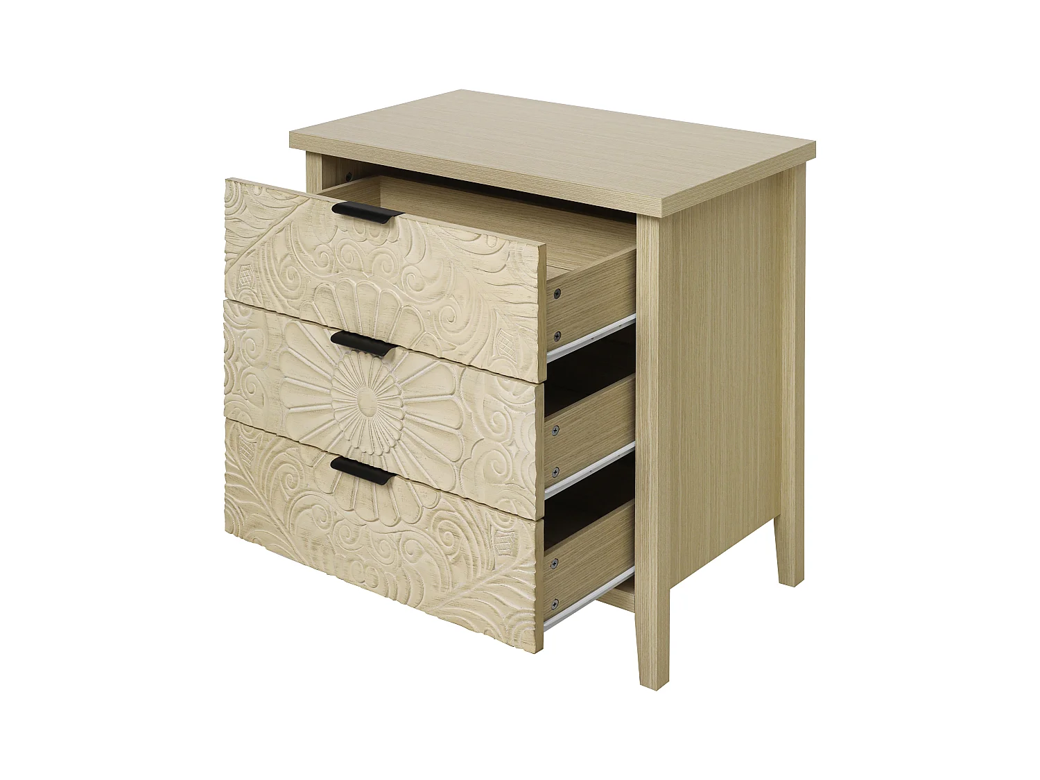 Móvel lateral em madeira natural com 3 gavetas, design em relevo, arrumação para sala e quarto, 80 cm