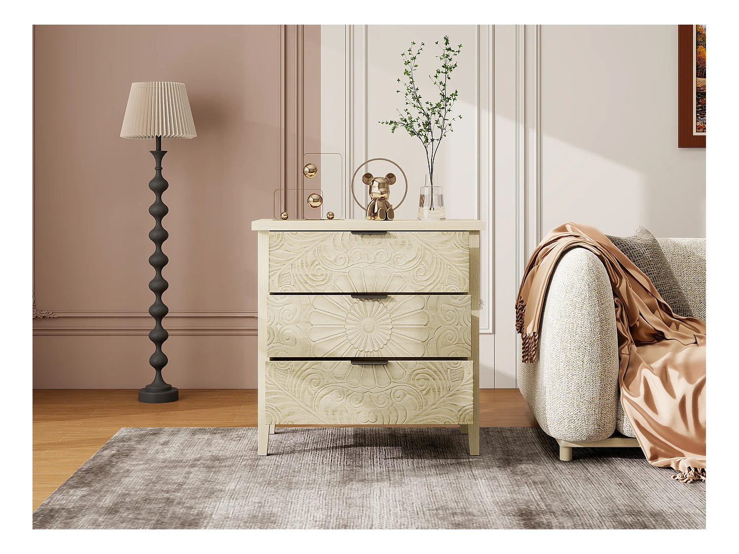 Móvel lateral em madeira natural com 3 gavetas, design em relevo, arrumação para sala e quarto, 80 cm