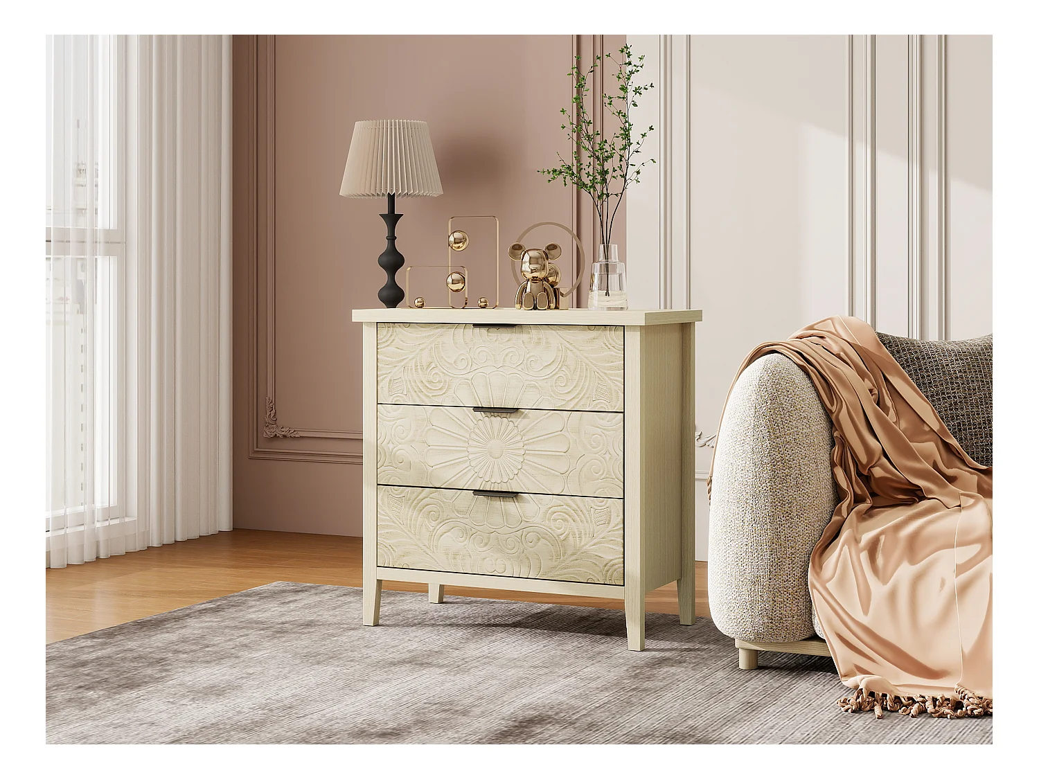 Móvel lateral em madeira natural com 3 gavetas, design em relevo, arrumação para sala e quarto, 80 cm