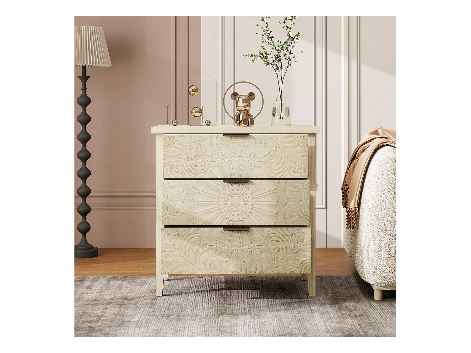 Móvel lateral em madeira natural com 3 gavetas, design em relevo, arrumação para sala e quarto, 80 cm