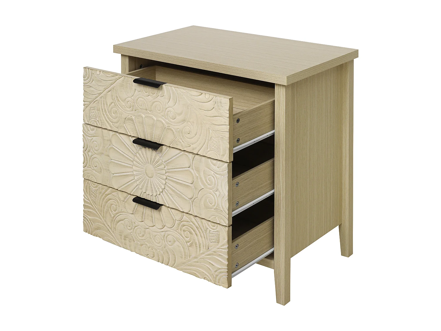 Móvel lateral em madeira natural com 3 gavetas, design em relevo, arrumação para sala e quarto, 80 cm