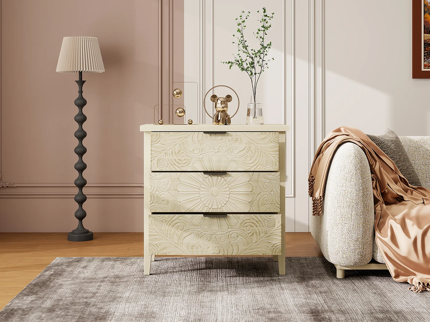 Móvel lateral em madeira natural com 3 gavetas, design em relevo, arrumação para sala e quarto, 80 cm