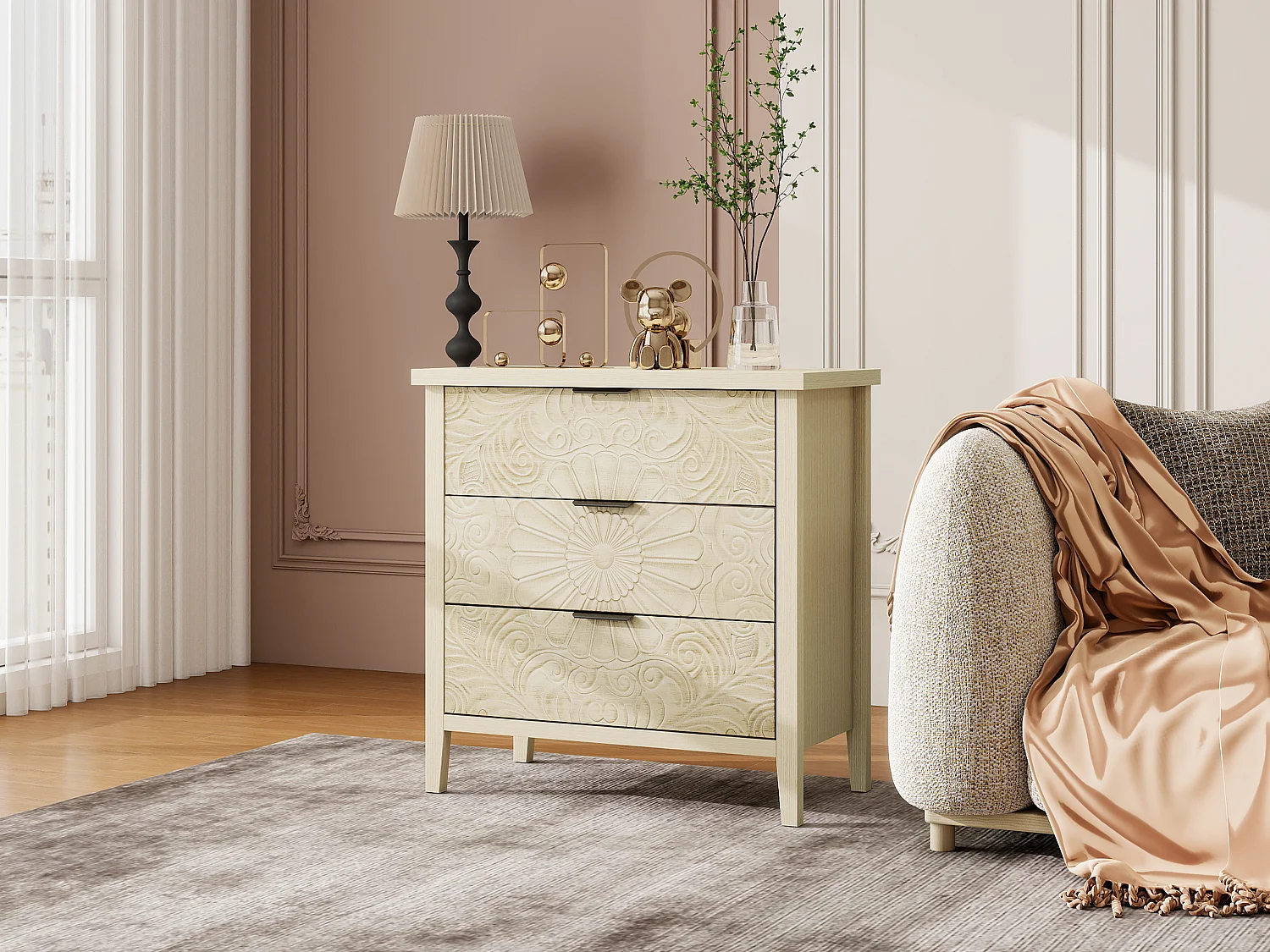 Móvel lateral em madeira natural com 3 gavetas, design em relevo, arrumação para sala e quarto, 80 cm