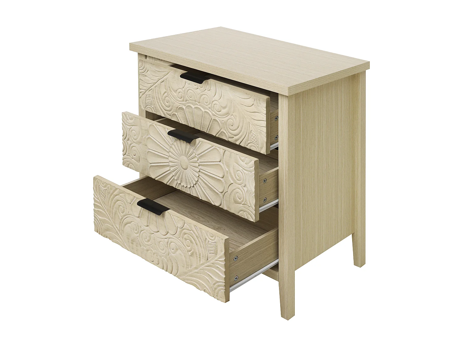 Móvel lateral em madeira natural com 3 gavetas, design em relevo, arrumação para sala e quarto, 80 cm