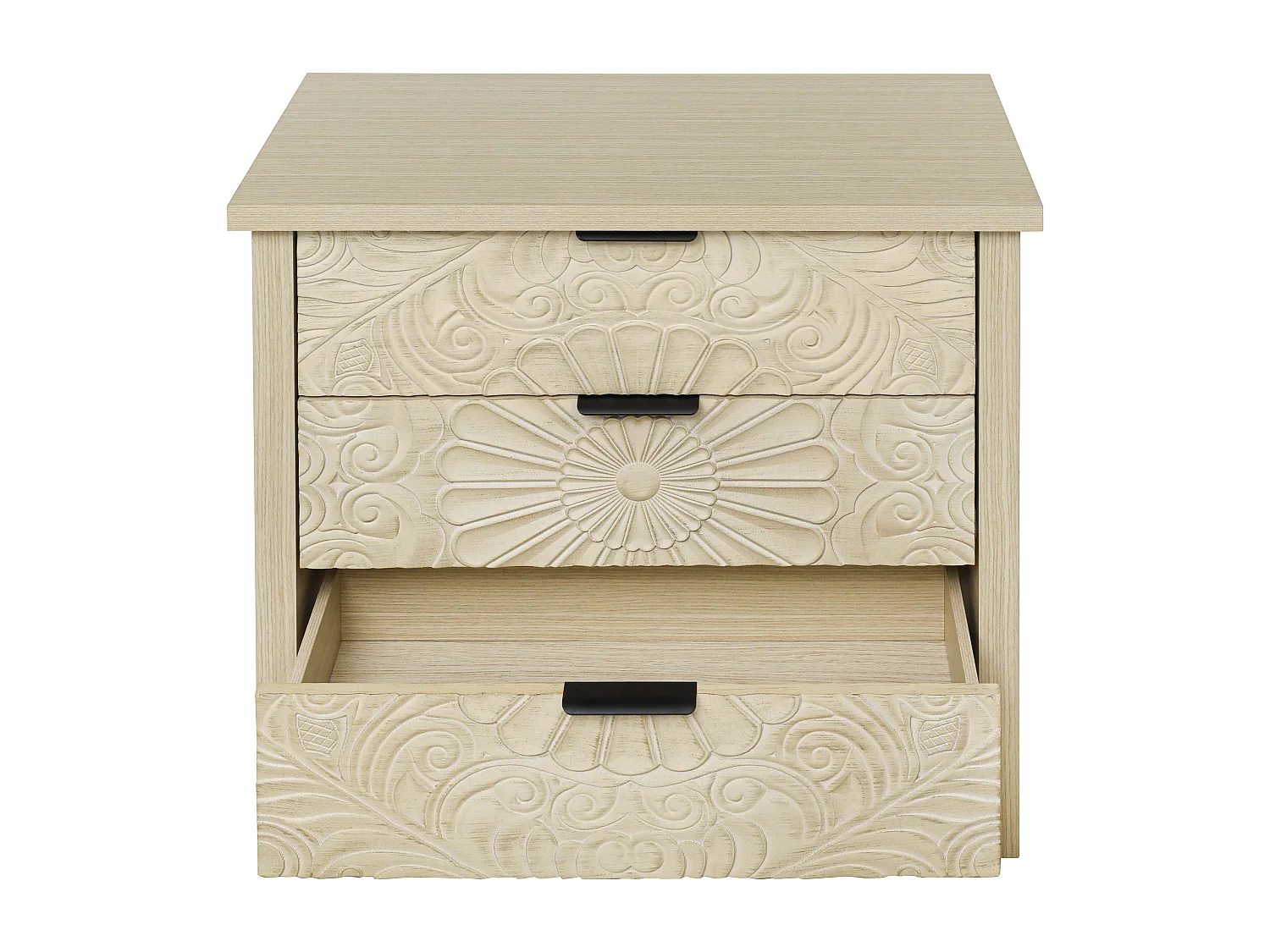 Móvel lateral em madeira natural com 3 gavetas, design em relevo, arrumação para sala e quarto, 80 cm