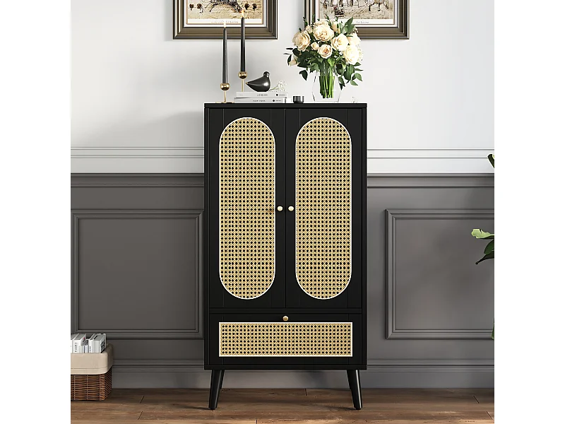 Aparador alto preto em painel de MDF com portas de rattan, 2 portas, 1 gaveta, 60x40x110cm